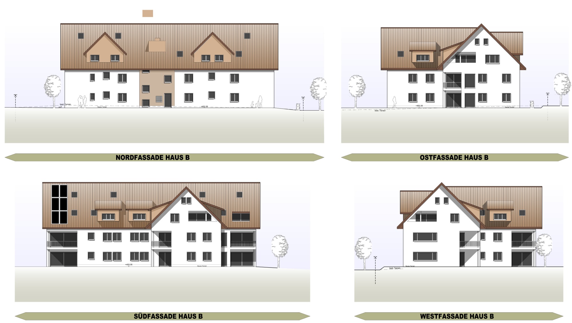 Architektonische Fassadenansichten Haus B aus der Planunterlage